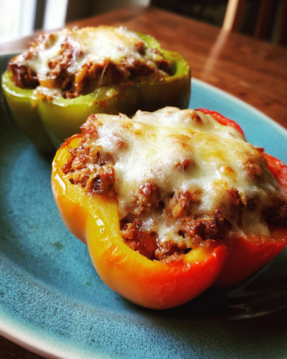 Amazing Cheesesteak Stuffed Peppers: 1 Delicious Meal 5 Two halves of Cheesesteak Stuffed Peppers on a blue plate, topped with melted cheese.