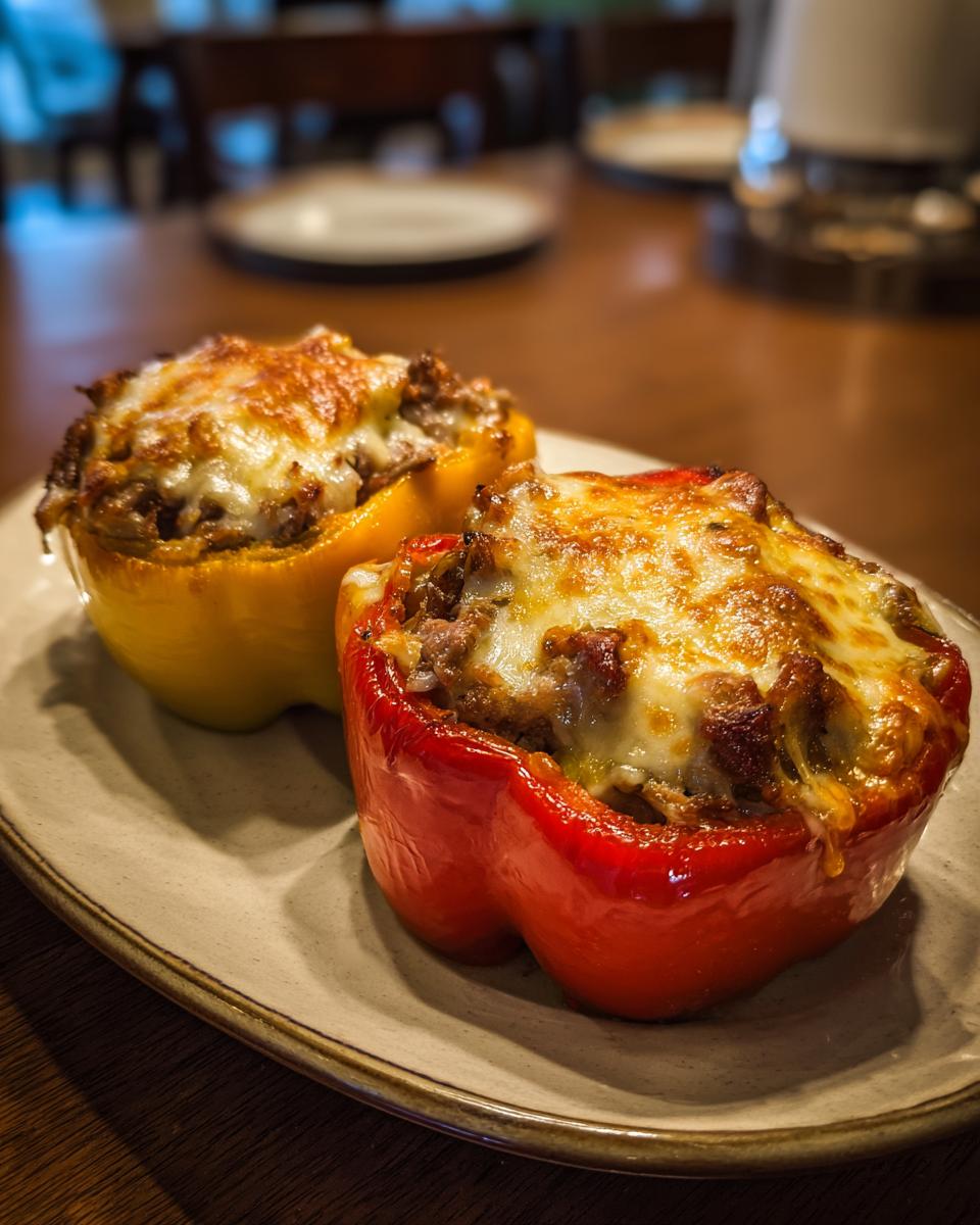Amazing Cheesesteak Stuffed Peppers: 1 Delicious Meal 3 Two Cheesesteak Stuffed Peppers on a plate, one red and one yellow.