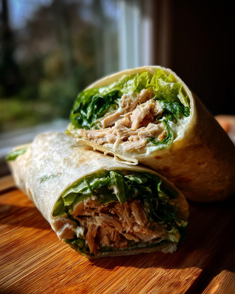 Close-up of a halved Chicken Caesar Wrap, showing chicken, lettuce, and Caesar dressing.