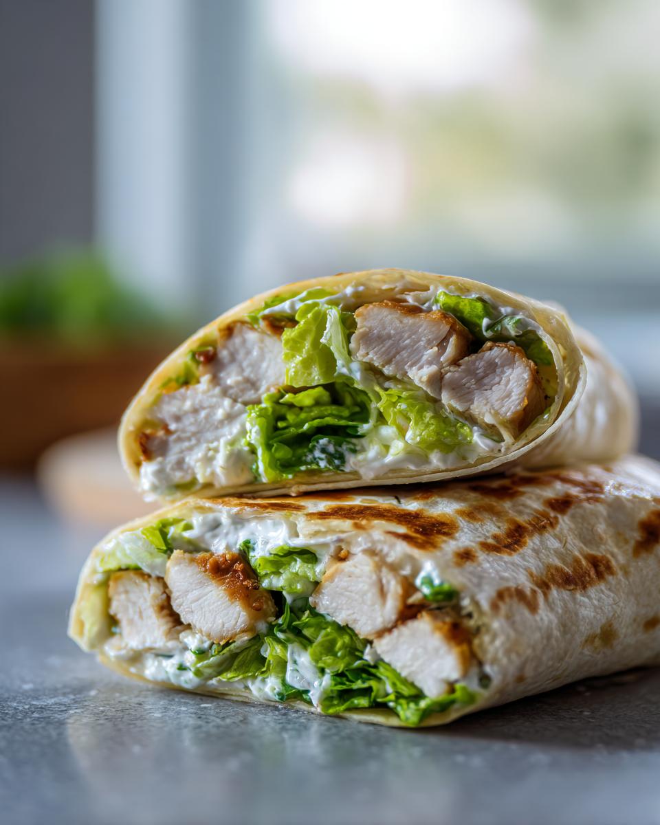 Close-up of a Chicken Caesar Wrap cut in half, showing chicken, lettuce, and dressing.