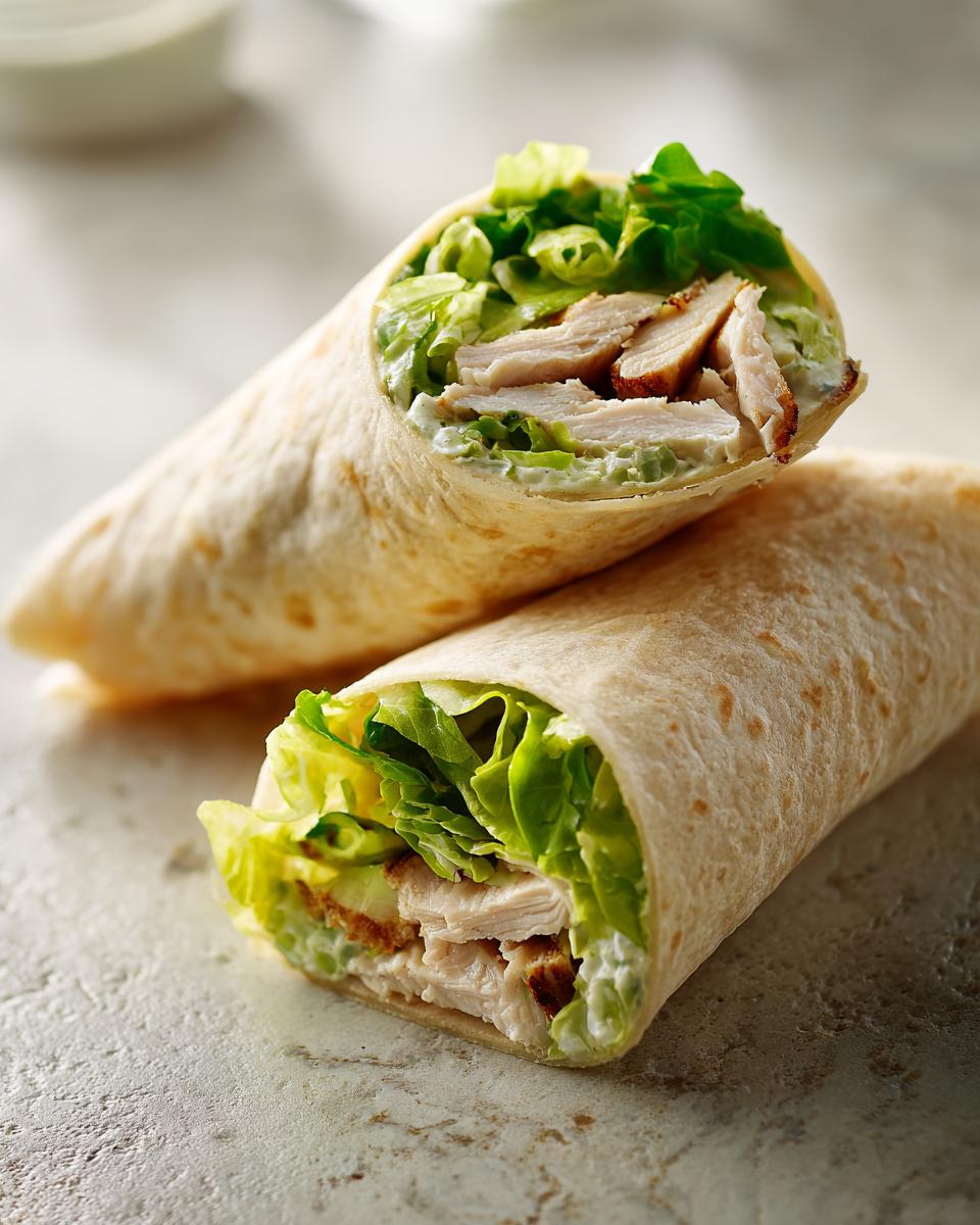 Close-up of two halves of a Chicken Caesar Wrap, filled with chicken, lettuce, and Caesar dressing.