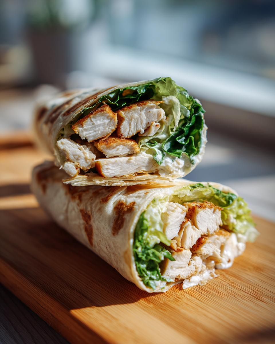 Close-up of a cut Chicken Caesar Wrap with chicken, lettuce, and Caesar dressing.