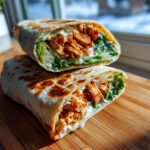 Close-up of a cut Chicken Caesar Wrap with chicken, lettuce, and creamy dressing.