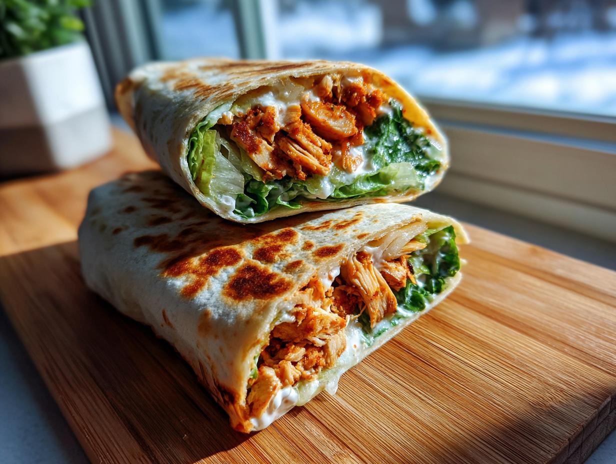 Close-up of a cut Chicken Caesar Wrap with chicken, lettuce, and creamy dressing.