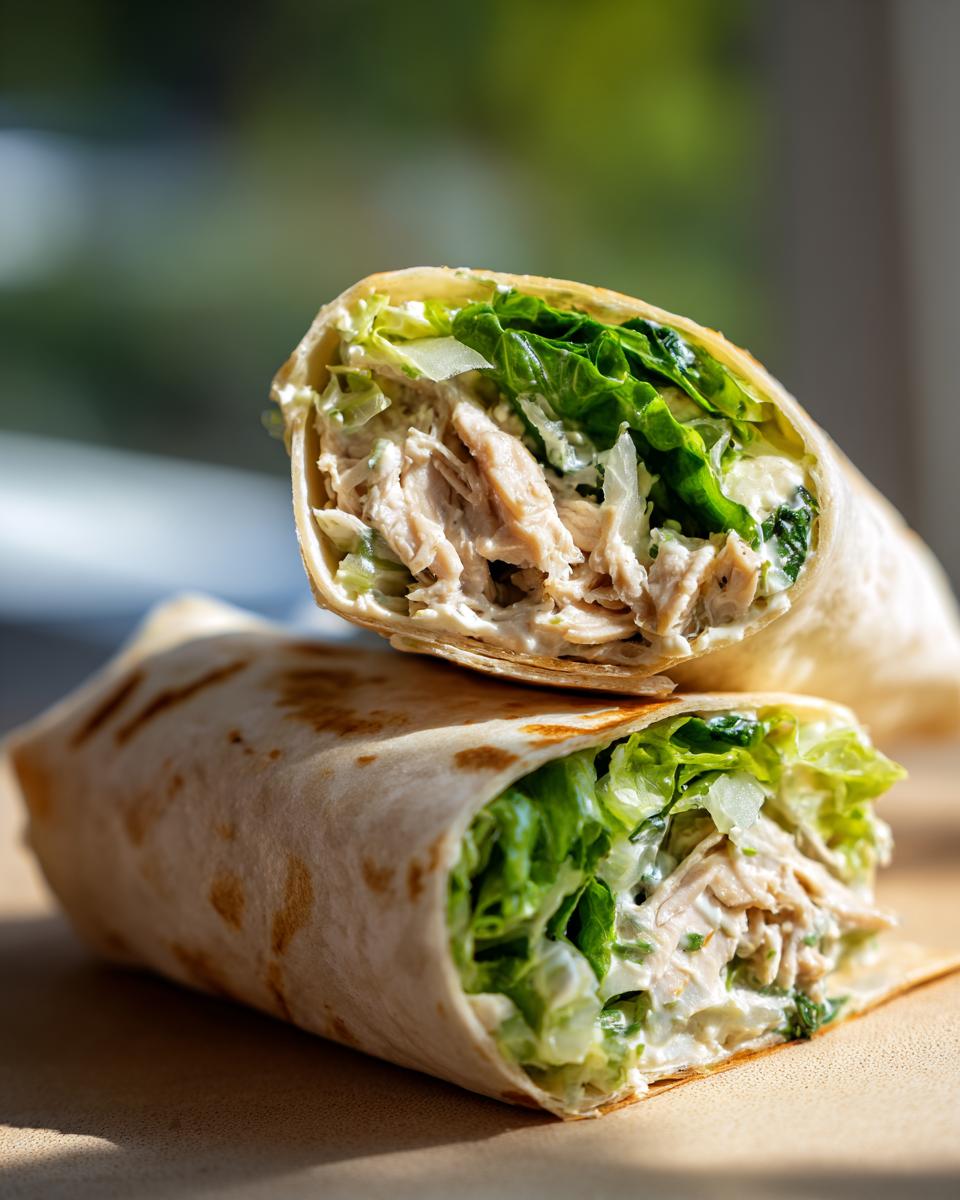Close-up of a Chicken Caesar Wrap cut in half, showing chicken, lettuce, and Caesar dressing.