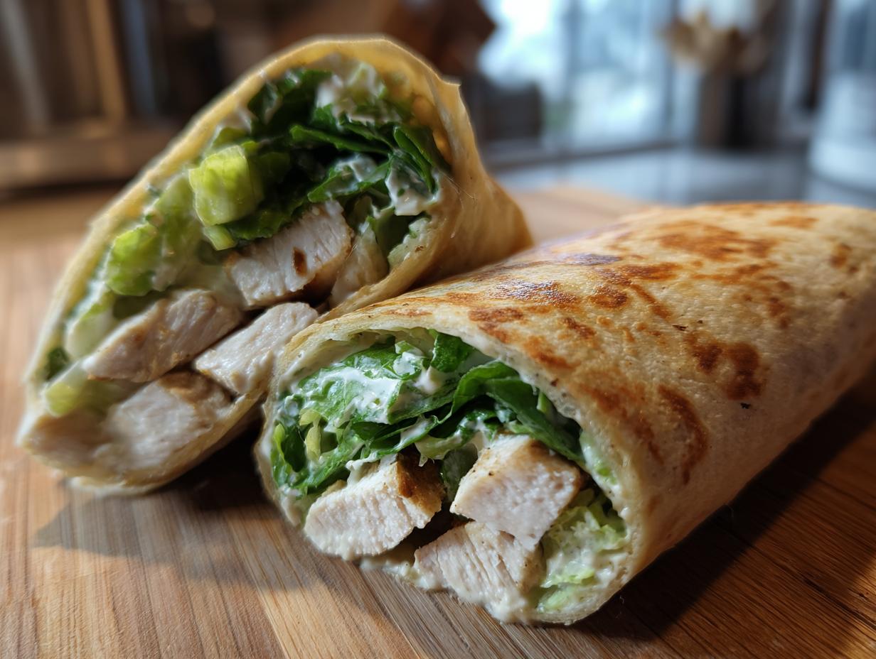 Close-up of a cut Chicken Caesar Wrap with chicken, lettuce, and Caesar dressing.