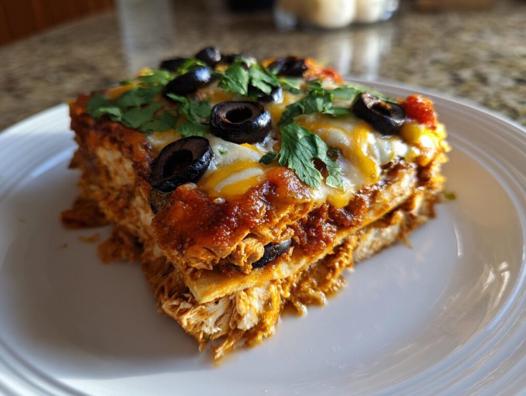 Close-up of a slice of Chicken Stacked Enchiladas with cheese, olives, and cilantro.