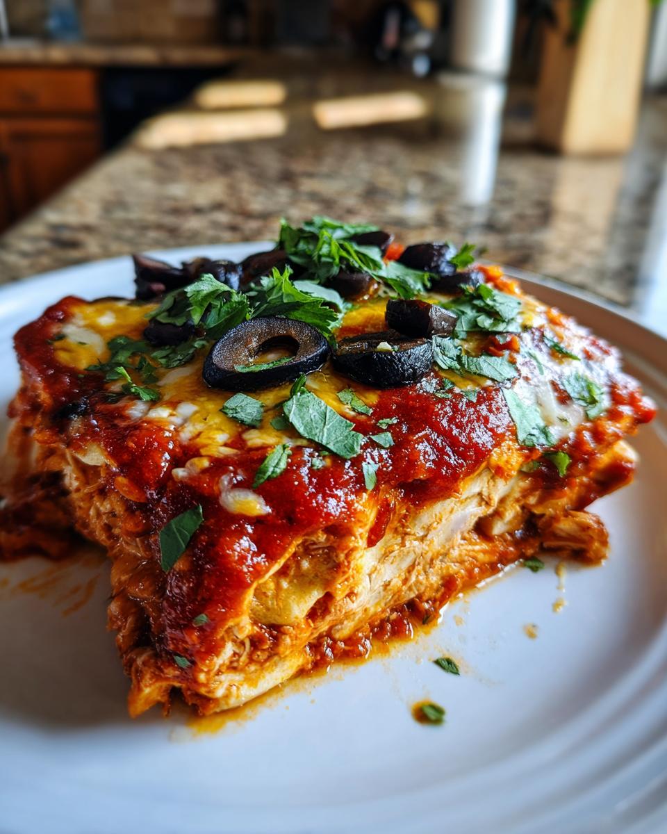 Close-up of a slice of Chicken Stacked Enchiladas on a white plate, topped with olives and herbs.