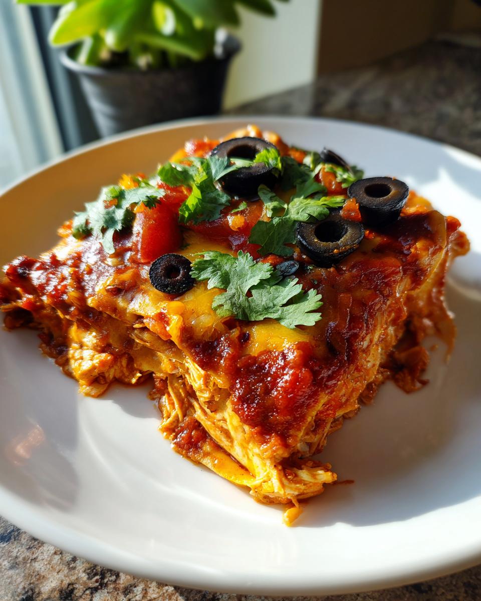 Close-up of a slice of Chicken Stacked Enchiladas, topped with olives and cilantro, on a white plate.
