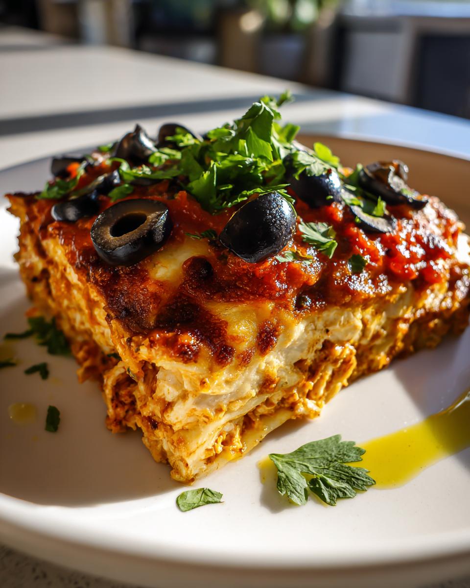 A slice of delicious Chicken Stacked Enchiladas topped with olives and fresh herbs, served on a white plate.