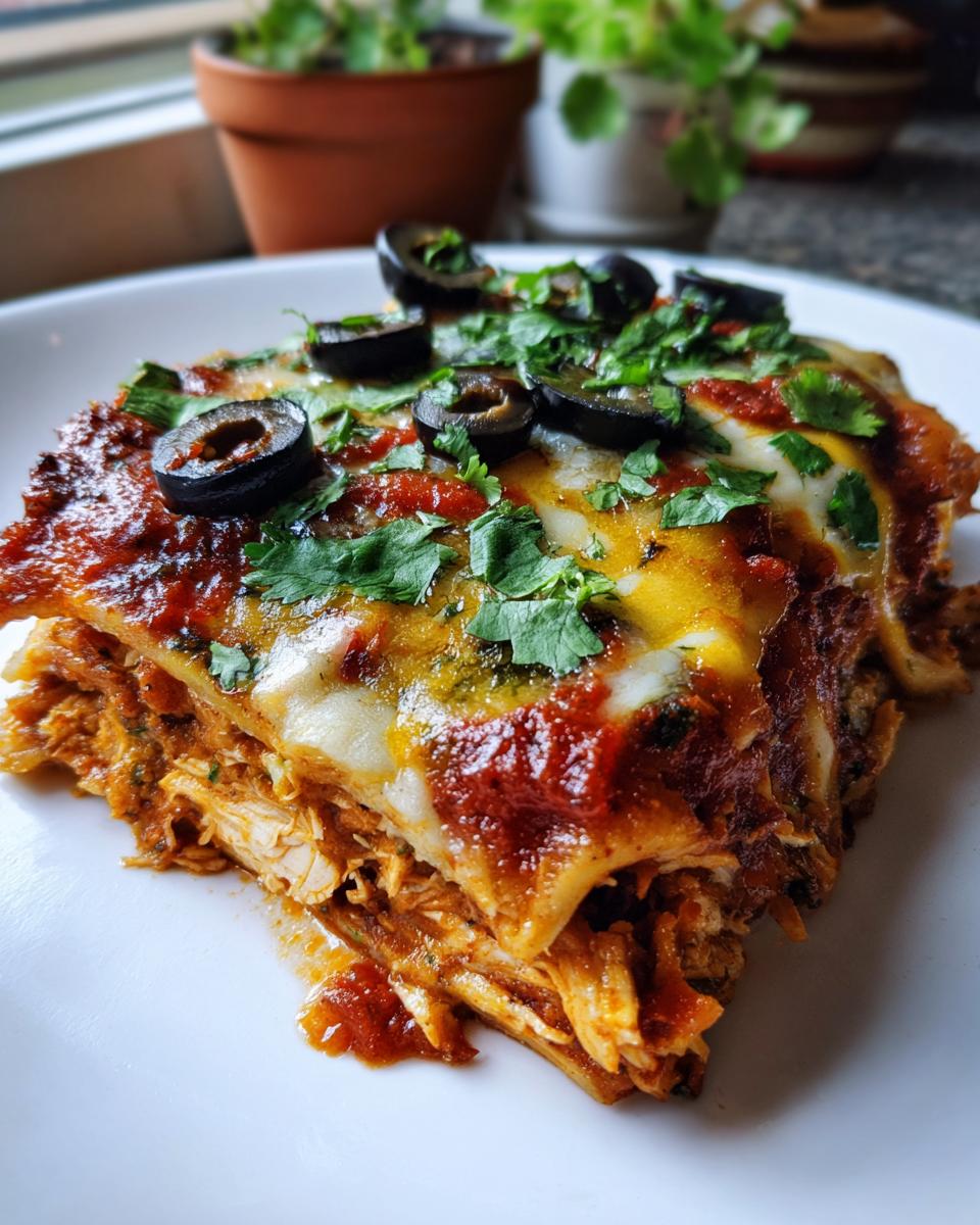 Close-up of a slice of Chicken Stacked Enchiladas, topped with olives and cilantro.