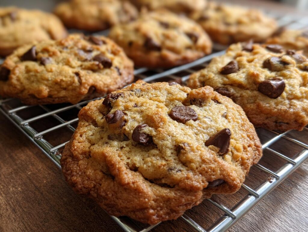 Close-up of freshly baked chocolate chip cookies on a cooling rack, evoking childhood memories.