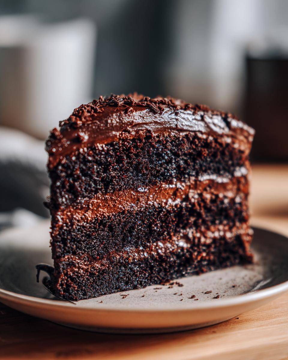 A slice of rich chocolate cake, perfect for any chocolate lover's dream.