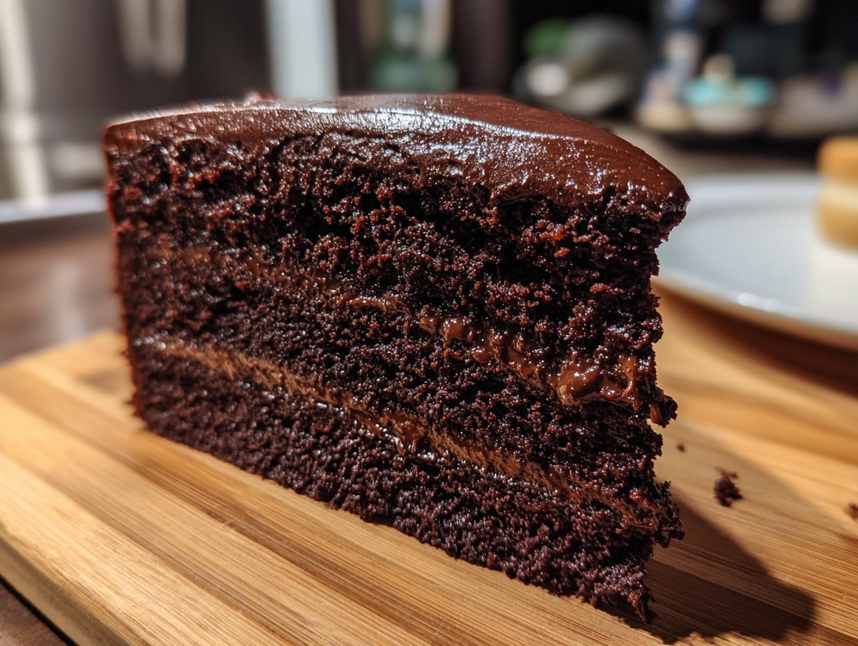 Close-up of a slice of chocolate cake, the dream of chocolate lovers, on a wooden board.