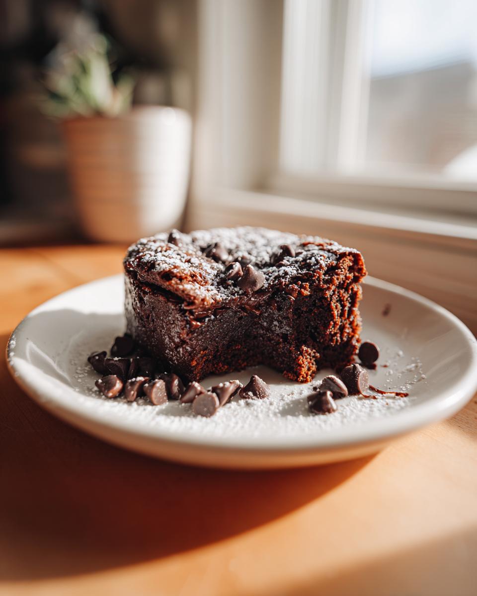 Close-up of a slice of chocolate cake, the dessert is almost too good to share, dusted with powdered sugar and chocolate chips.