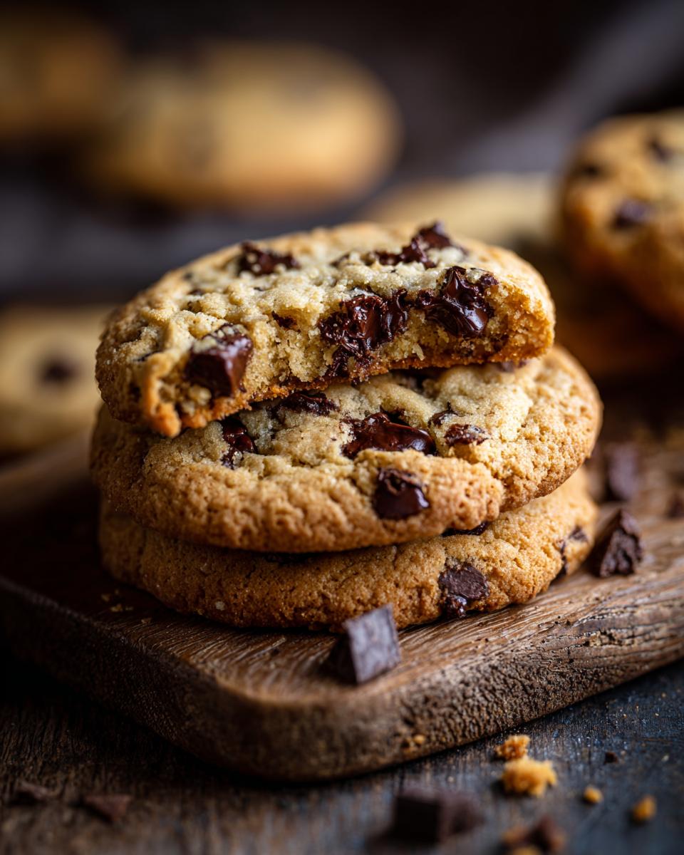 Stack of chocolate chip cookies, evoking childhood memories, on a wooden board.