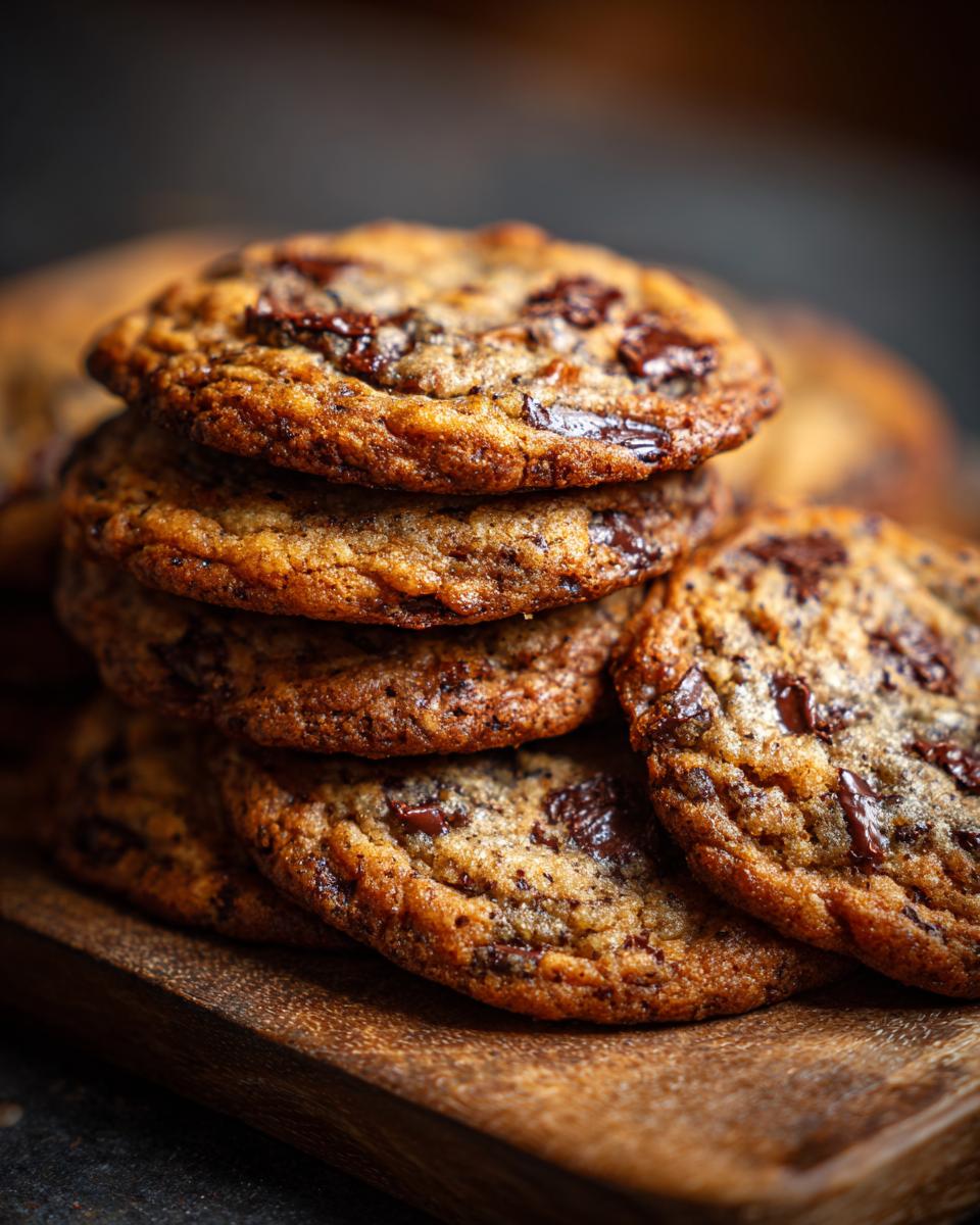 Close-up of a stack of chocolate chip cookies, evoking childhood memories.