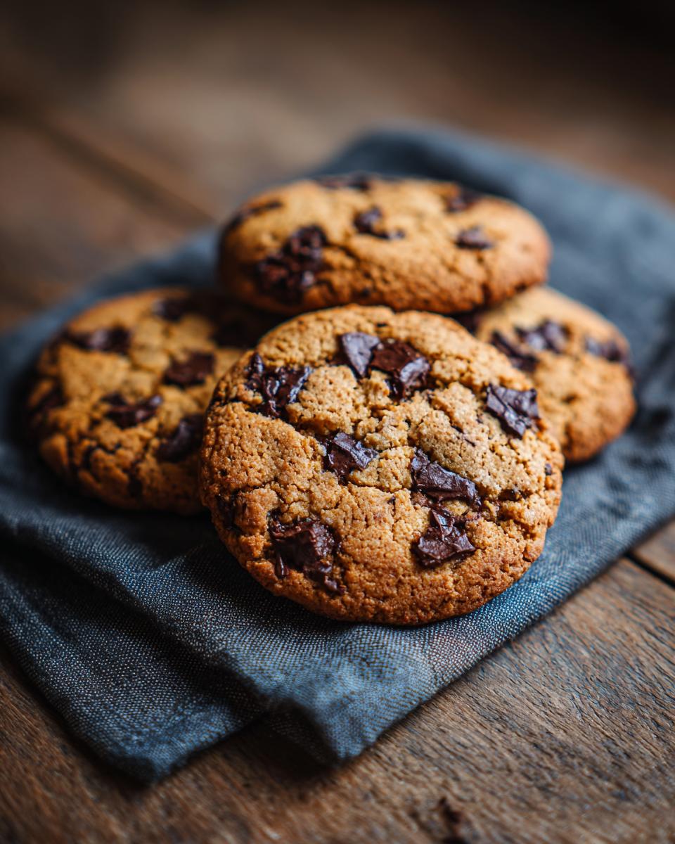 Close-up of four chocolate chip cookies on a blue napkin, evoking childhood memories.