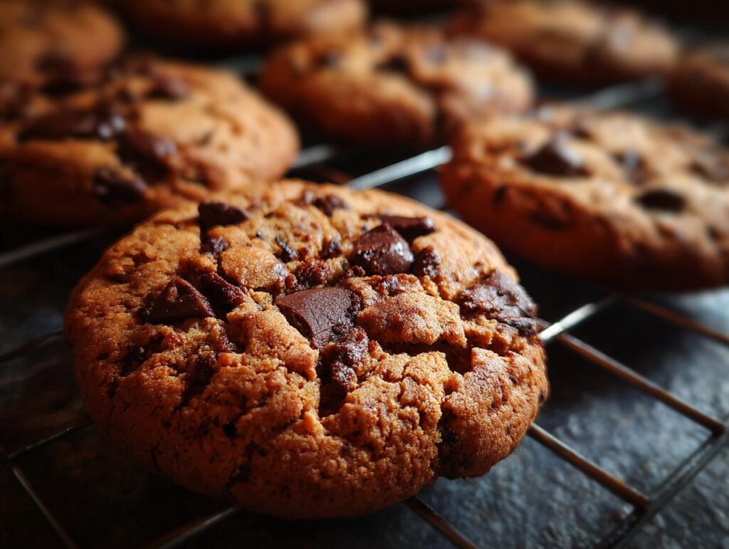 Close-up of freshly baked chocolate chip cookies, the sweet treat that belongs on every table.