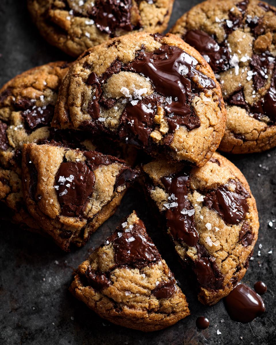 Close-up of chocolate chip cookies, perfect dessert for family gatherings, with melted chocolate and sea salt.
