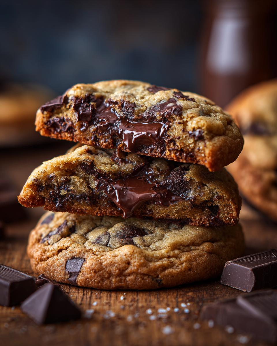 Close-up of stacked chocolate chip cookies, perfect dessert for family gatherings, with melted chocolate.
