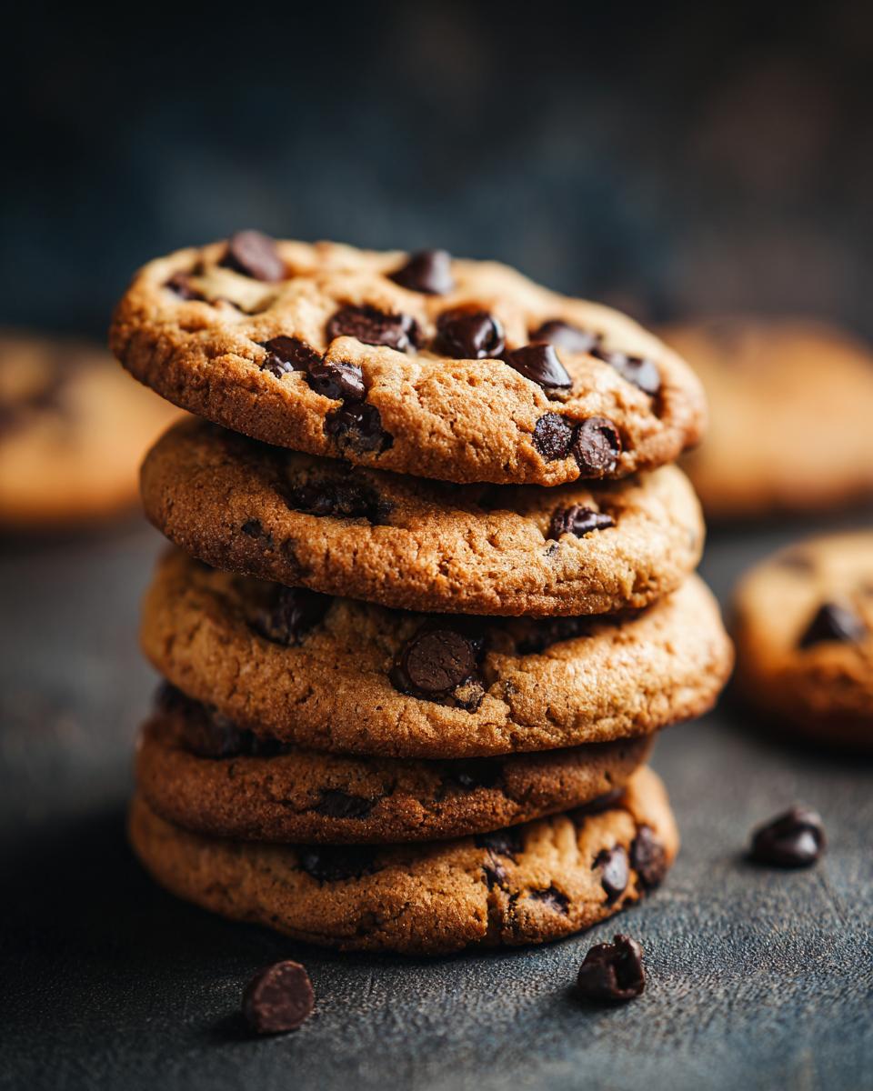 A stack of freshly baked chocolate chip cookies, the sweet treat that belongs on every table.
