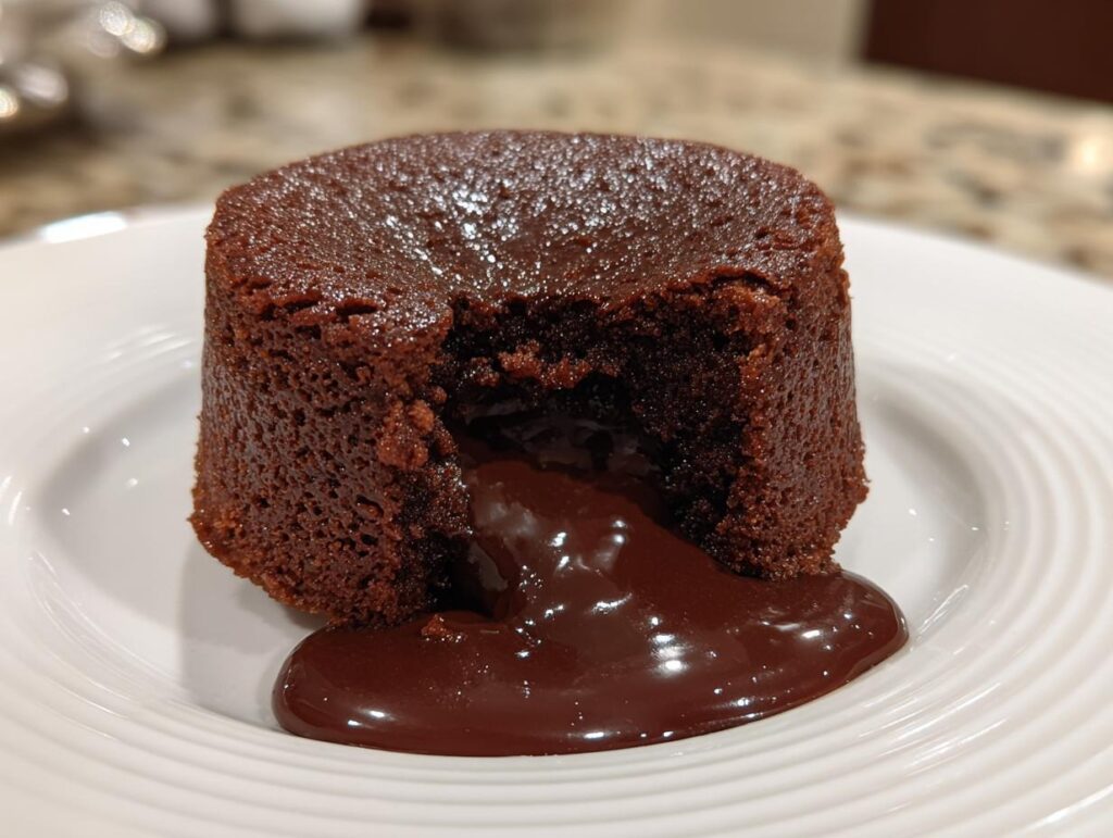 Close-up of a molten chocolate dessert, the Chocolate Dessert That Breaks the Internet, with flowing chocolate.