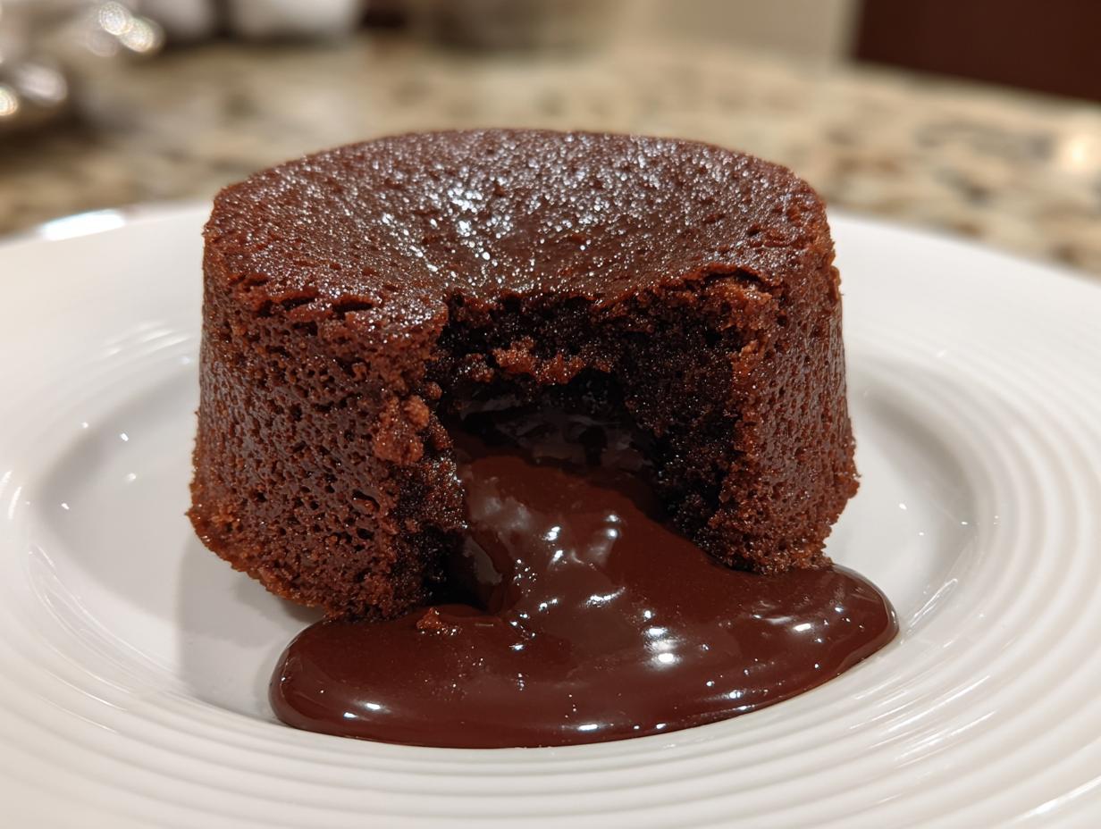 Close-up of a molten chocolate dessert, the Chocolate Dessert That Breaks the Internet, with flowing chocolate.