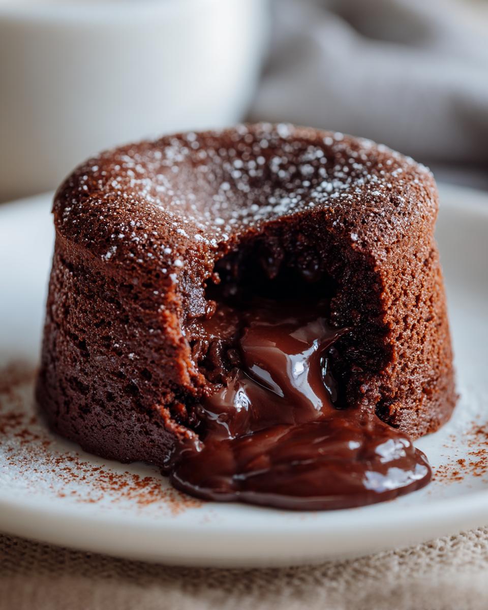 Close-up of a chocolate lava cake, the chocolate dessert that breaks the internet, with molten chocolate flowing out.