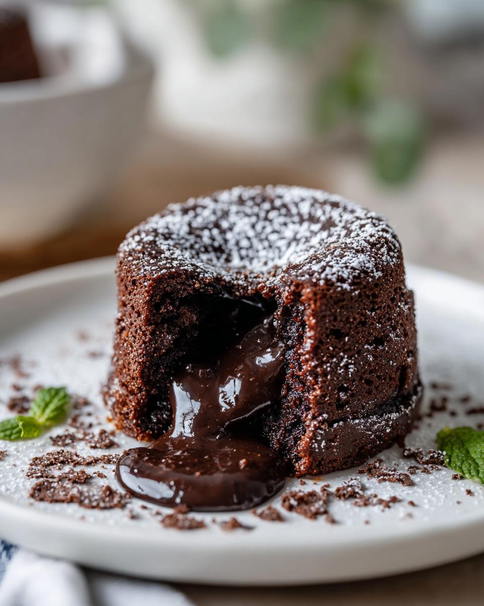 Close-up of a molten chocolate dessert that breaks the internet, oozing with rich chocolate.