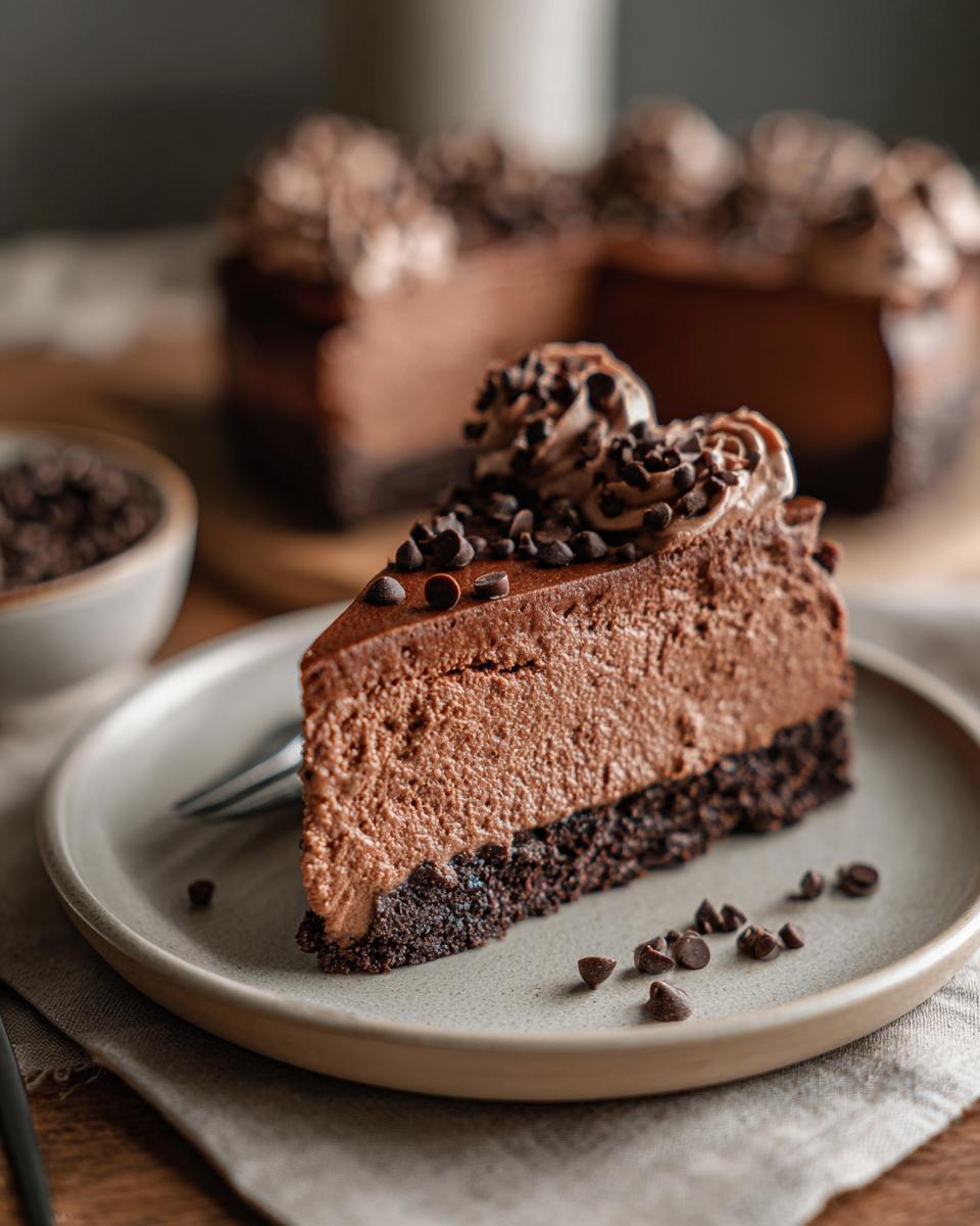 Close-up of a slice of the Dessert That Disappears in Minutes, a rich chocolate dessert.