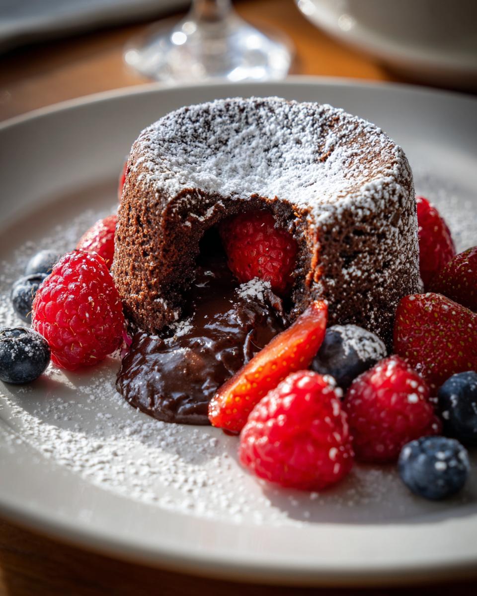 Chocolate lava cake, the no fail dessert that always impresses, with fresh berries and powdered sugar.