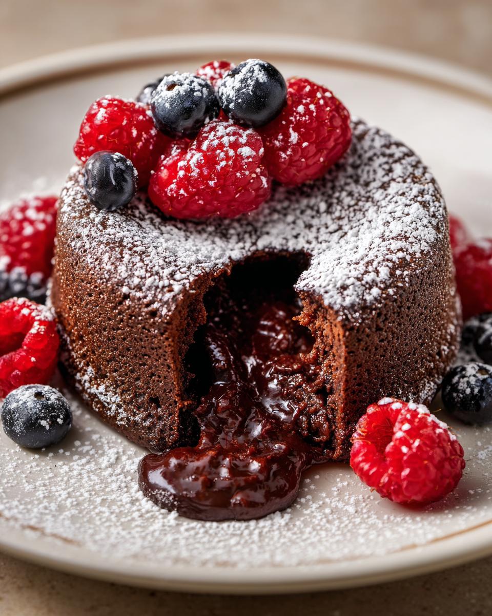 Close-up of a chocolate lava cake, a no fail dessert that always impresses, with fresh raspberries and blueberries.