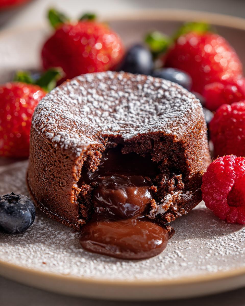 Close-up of a chocolate lava cake with a molten center, served with fresh berries. This is the no fail dessert that always impresses.