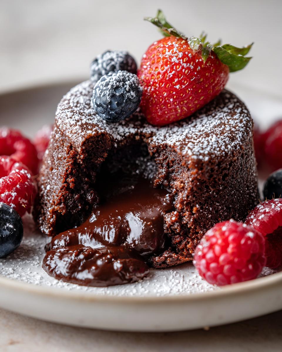 Close-up of a chocolate lava cake with fresh berries, a perfect no-fail dessert.