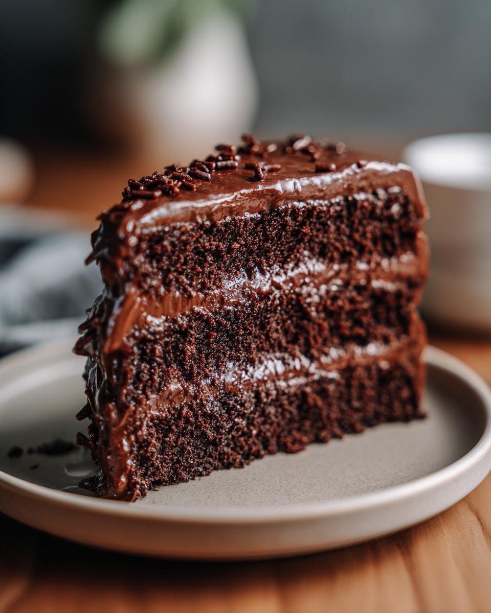A decadent slice of chocolate cake, a chocolate lovers dream, on a plate.