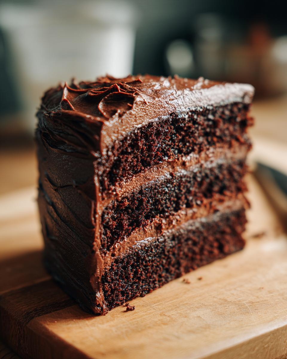A slice of rich chocolate cake, a chocolate lovers dream, with layers of frosting on a wooden board.