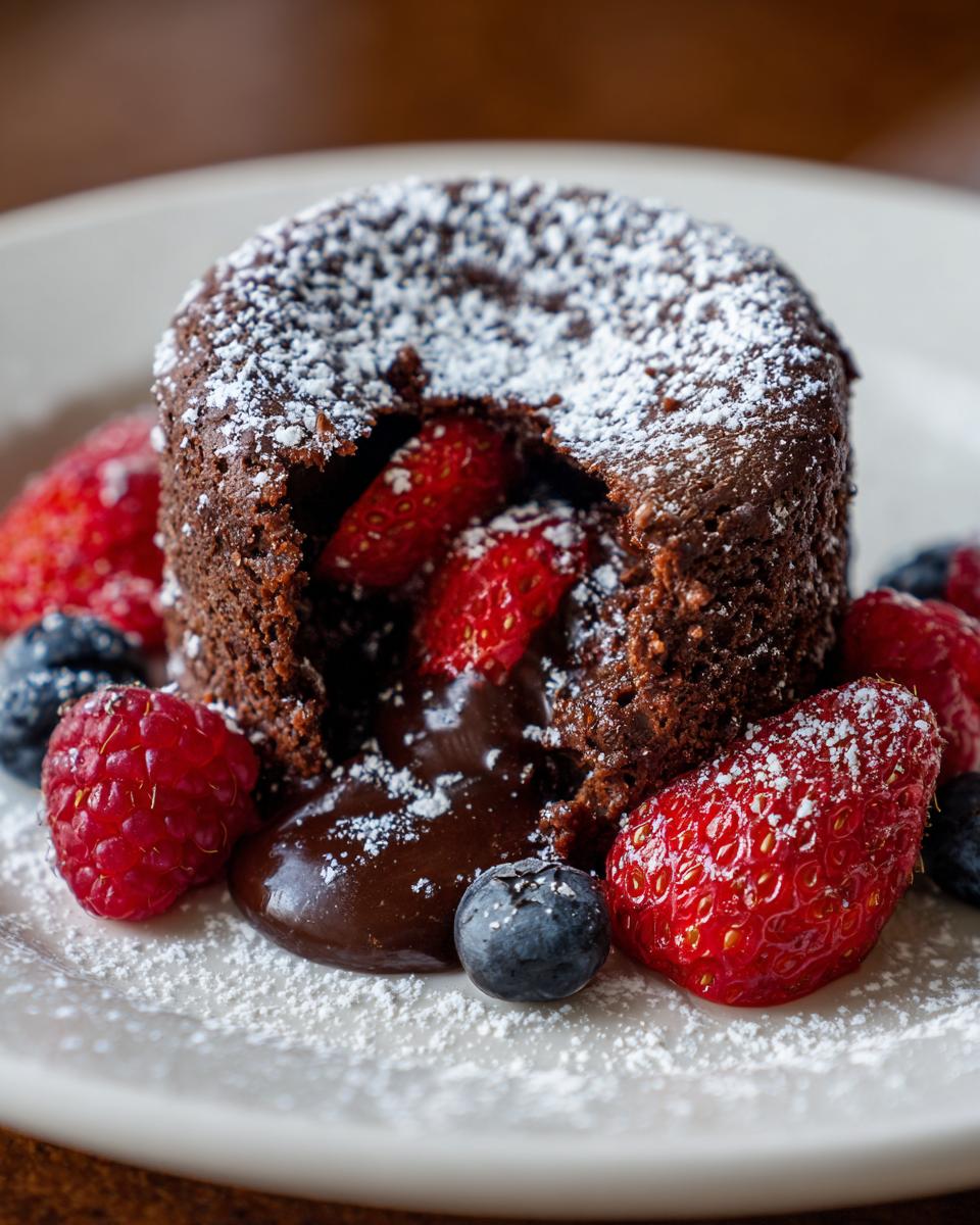Close-up of a Chocolate Magic dessert with a molten center, dusted with powdered sugar and garnished with fresh berries.
