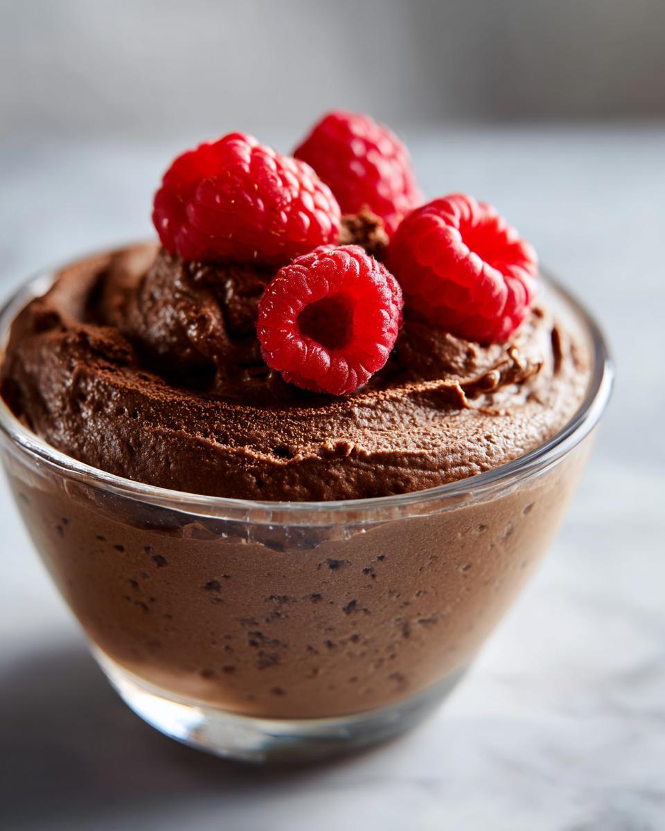 Close-up of chocolate mousse dessert topped with fresh raspberries, perfect for the dessert with the biggest flavor.