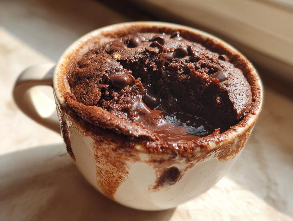 Close-up of a chocolate mug cake, the perfect This Is My Go To Dessert When I’m Short on Time.