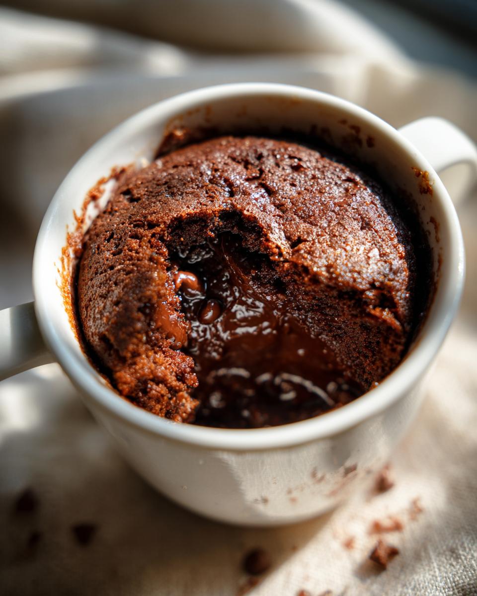 Close-up of a chocolate mug cake with a molten center, a go to dessert when short on time.
