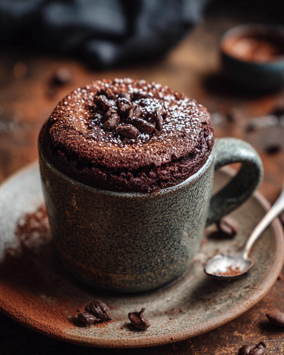 Close-up of a chocolate mug cake, a dessert that uses ingredients you already have, topped with chocolate chips.
