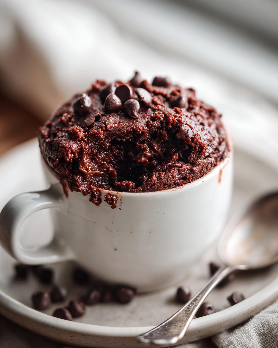 Close-up of a chocolate mug cake, perfect for when you're short on time. This is my go to dessert!