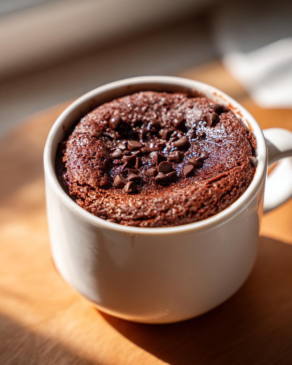Close-up of a chocolate mug cake with chocolate chips, a go-to dessert when I’m short on time.
