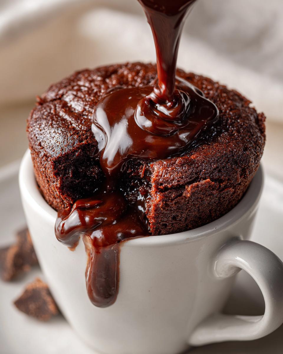 Close-up of a chocolate dessert in a mug with chocolate sauce, perfect for a dessert that uses ingredients you already have.