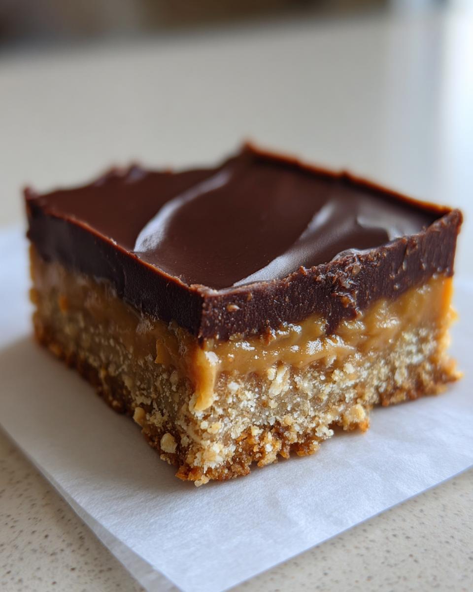 Close-up of a chocolate peanut butter bar, the lazy dessert everyone needs right now.