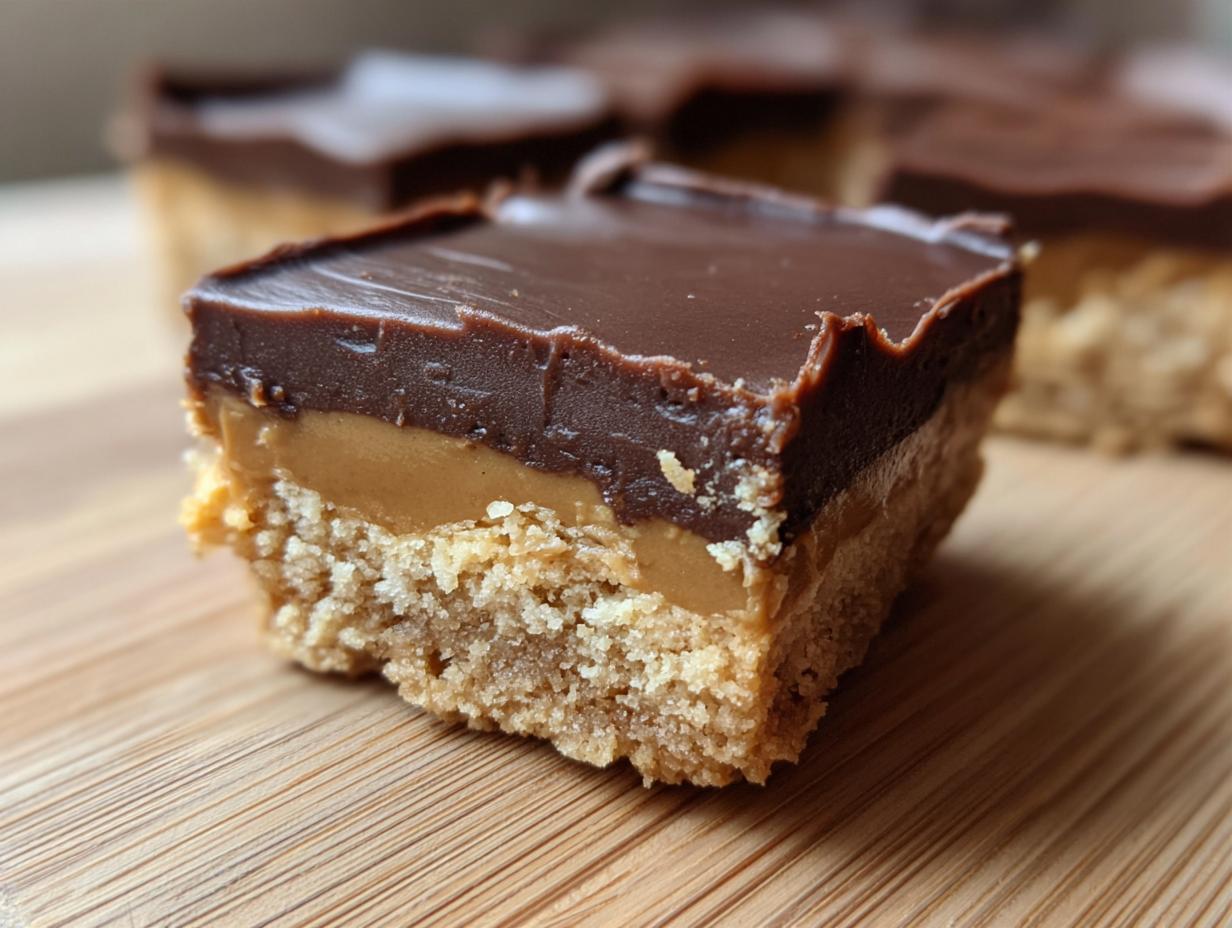 Close-up of a chocolate peanut butter bar, the lazy dessert everyone needs right now.