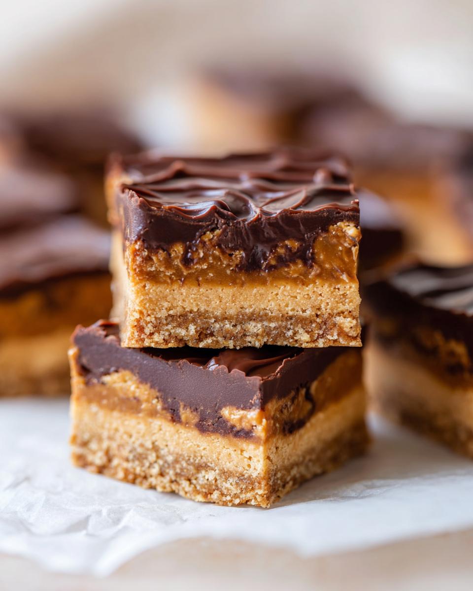 Close-up of stacked chocolate peanut butter bars, the lazy dessert everyone needs right now.