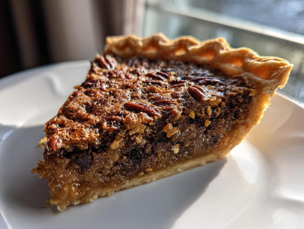 A slice of chocolate pecan pie on a white plate, perfect for holidays.