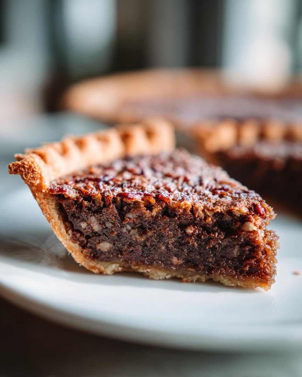 Close-up of a slice of chocolate pecan pie, the dessert everyone asks for on holidays.